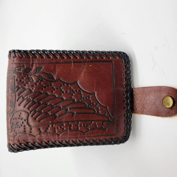 Tooled Leather Wallet Eagle Wings Mexico Vintage Black Leather Whip Stitching - Picture 4 of 12